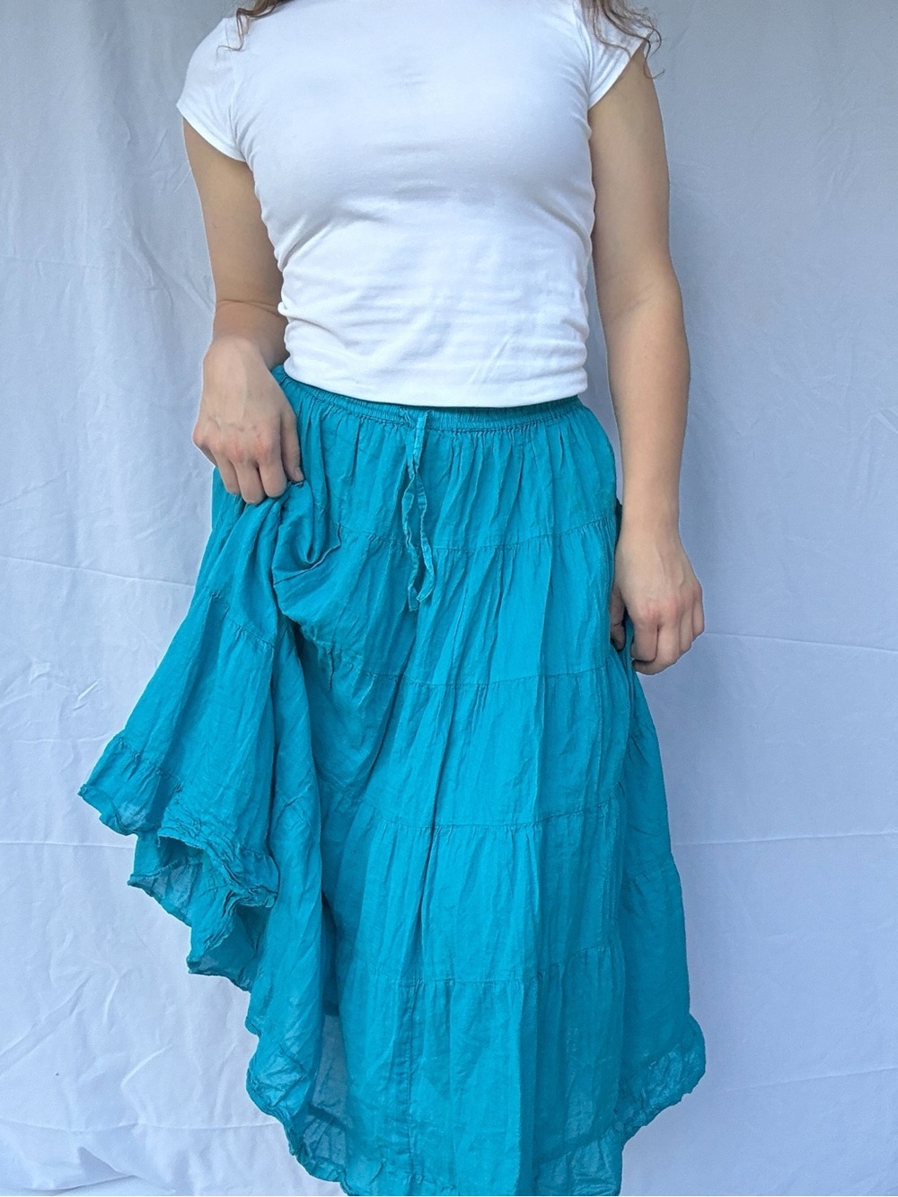 Jane Ashley Turquoise Cotton Tiered Maxi Skirt Size Medium